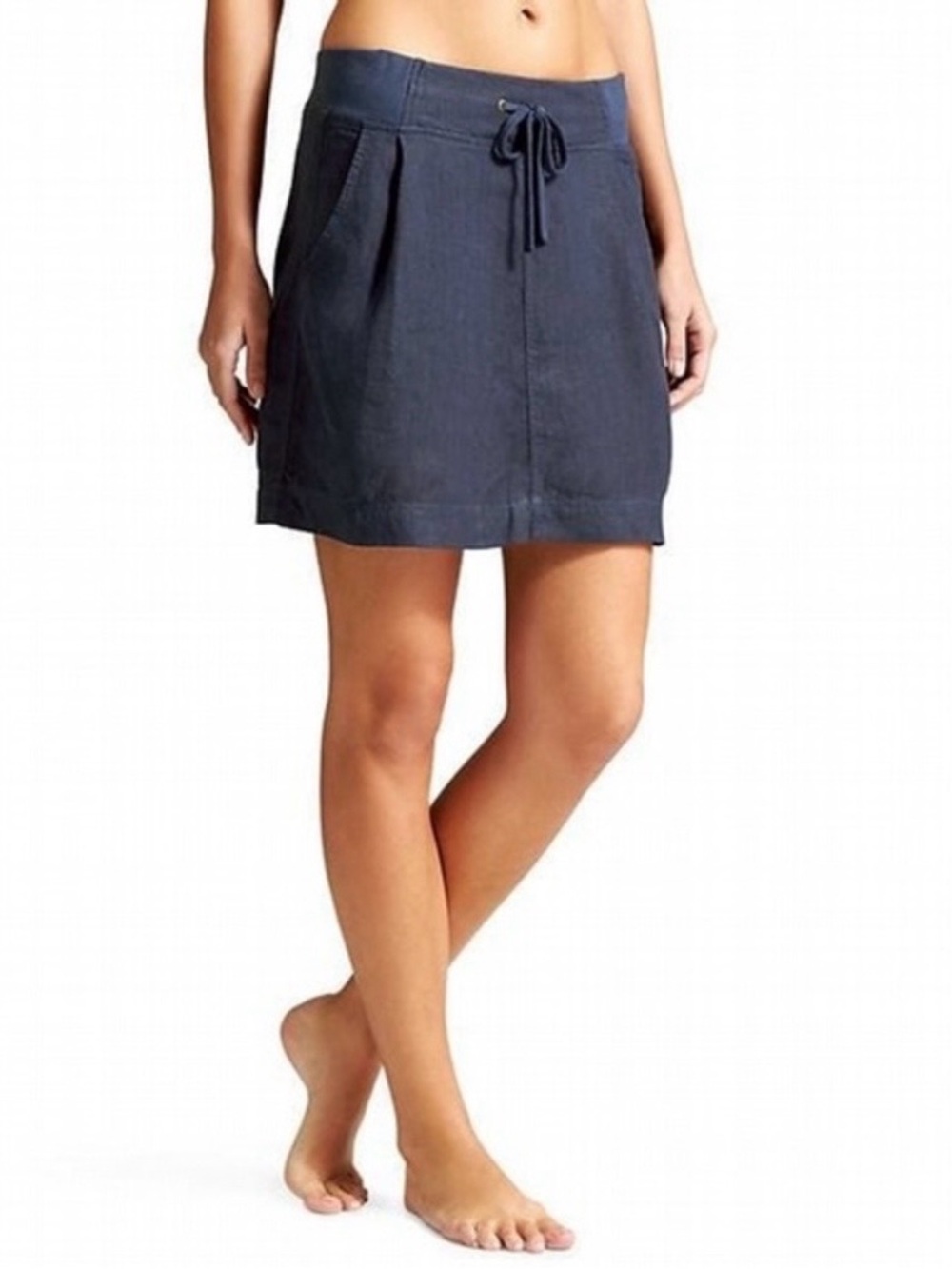 Athleta Linen Seline Skirt Navy Blue Drawstring Stretch Waist Pockets 14